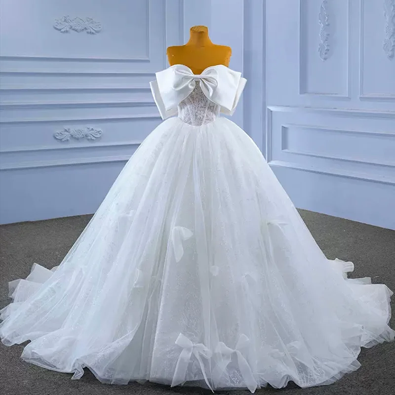 Women's Timeless Attire Boho - Chic Festival - Ready Style Big Bow Puffy Wedding Dresses Glittery Ball Gown Bridal Gowns