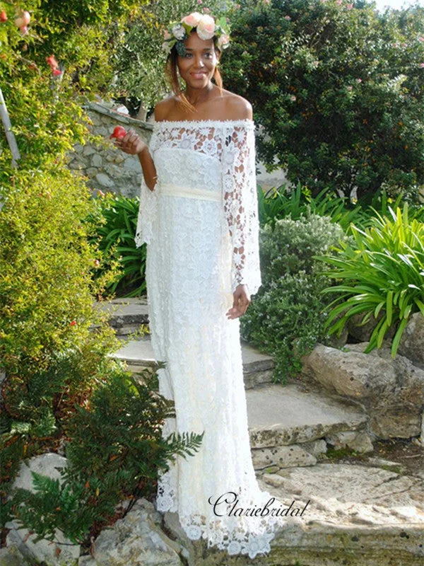 Women's Outdoor Attire Boho - Chic Festival - Ready Style Full Lace Wedding Dresses, Long Sleeves Wedding Dresses, Off Shoulder Bridal Gowns