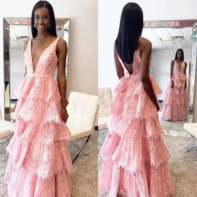 Stylish Women's Attire Vintage Elegance LP2265 Pink Lace Prom Dress A Line Formal Evening Gown Sexy Deep V Neck vestido de baile de renda 2018