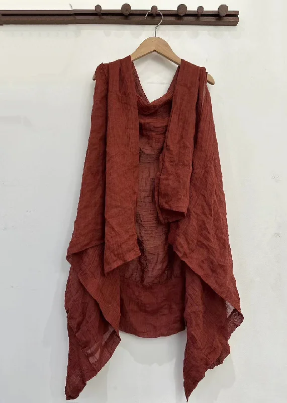 Women's Clothes For Outdoor Events Dreamy Draping Simple Red Asymmetrical Solid Linen Cardigan Sleeveless