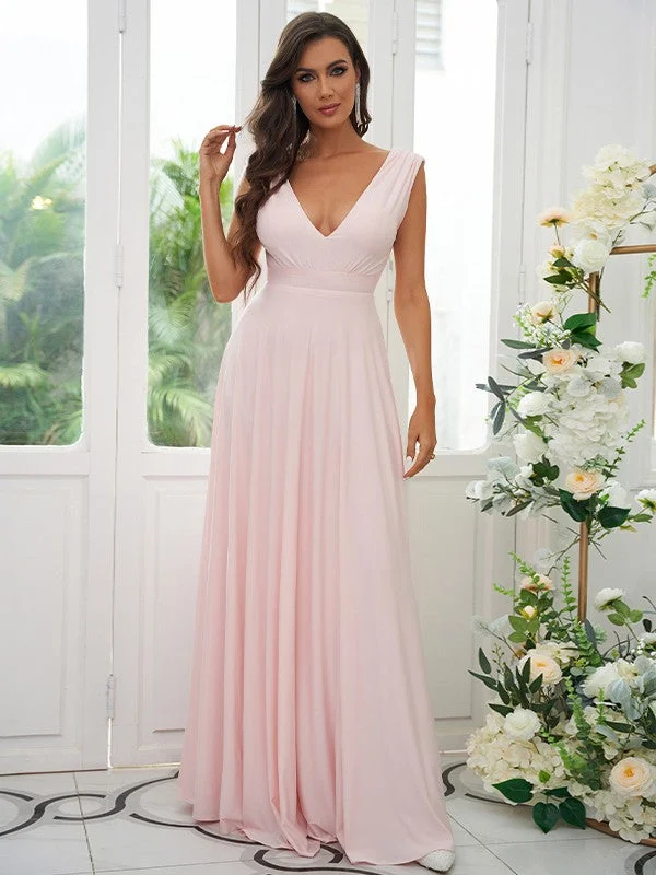 Fashion-Forward Women's Clothing Casual Weekend Relaxed Style A-Line/Princess Jersey Ruffles V-neck Sleeveless Floor-Length Bridesmaid Dresses