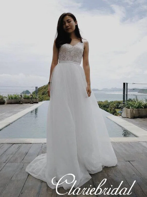 Women's Holiday Apparel Y2K Nostalgic Fashion Look Simple V-neck A-line Beaded Top Tulle Wedding Dresses, Bridal Gown