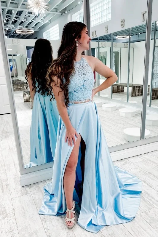 Women's Vintage Garments Limited - Time Bundle Blue two pieces lace satin long prom dress blue formal dress   cg15943