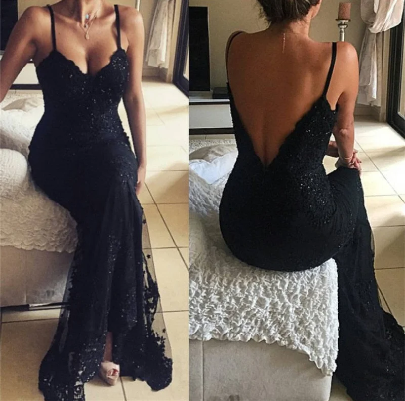 Women's Casual Attire Romantic Detailing LP3360 Sexy Women Black Evening Dress with Spaghetti Straps Lace Prom fitted Formal Gown with Embellishment