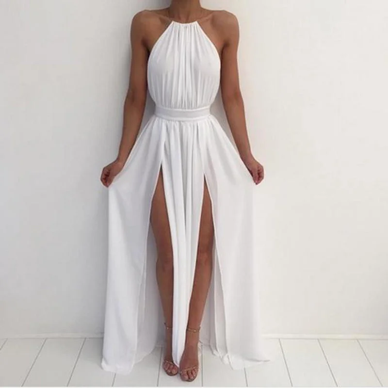 Women's Plus-Size Outfit Ethnic Cultural Event Wear Halter White Dress Summer Party Gown with Sexy Slits Long Evening Dresses