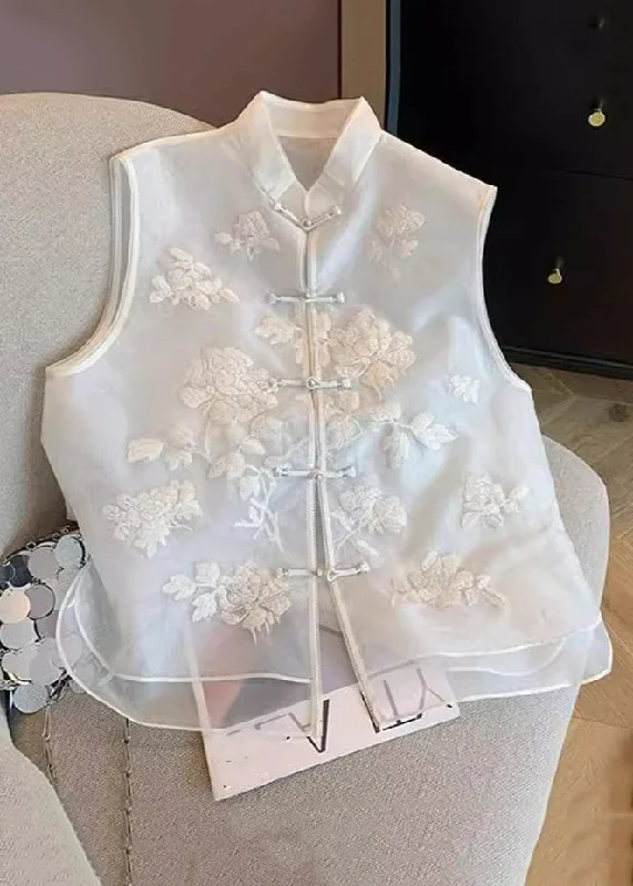 Women's Clothes For Special Occasions Weekend Special Chinese Style White Embroidered Button Tulle Waistcoat Sleeveless