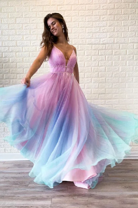 Women's Elegant Clothes Feminine Soft - Hued Styles Flowy A Line Spaghetti Straps V-Neck Sleeveless Ombre Prom Dresses