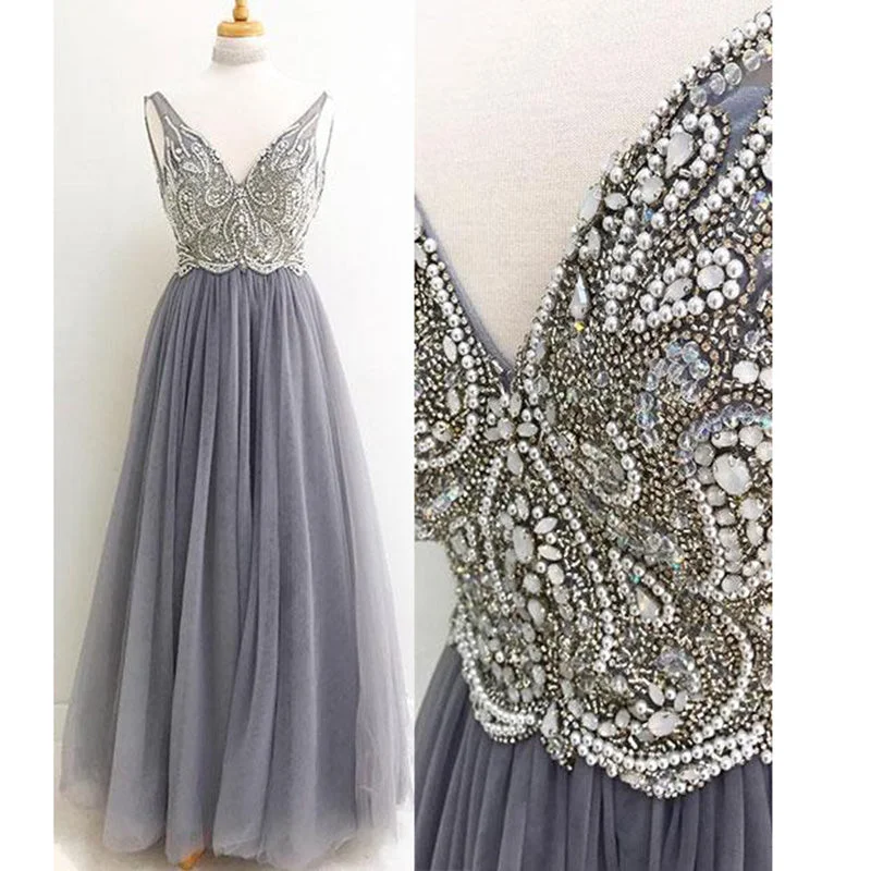 Women's Professional Garments Feminine Soft - Hued Styles LP6936 Grey Beading V Neck Long Prom Dress formal Evening Gown 2018 Vestido de festa Longo