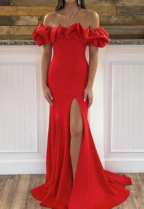 Women's Professional Apparel Romantic Detailing Women Off-the-Shoulder Prom Dress Long Mermaid Evening Gowns Fashion Red Formal Party Dress YPD789