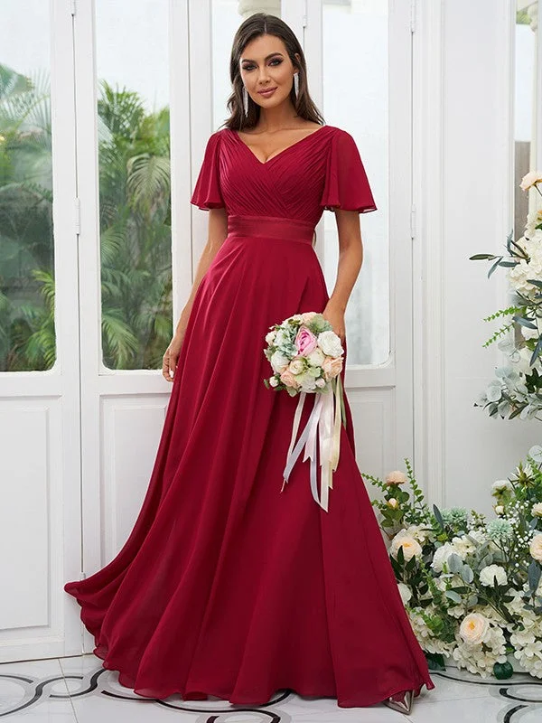 Women's Office Clothing Alluring Design A-Line/Princess Chiffon Ruched V-neck Short Sleeves Sweep/Brush Train Bridesmaid Dresses