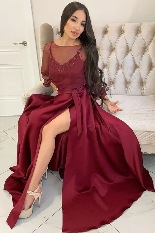 Women's Clothes Buy More, Save More MAROON SATIN LONG PROM DRESS ROUND NECK SATIN EVENING DRESS   cg15572