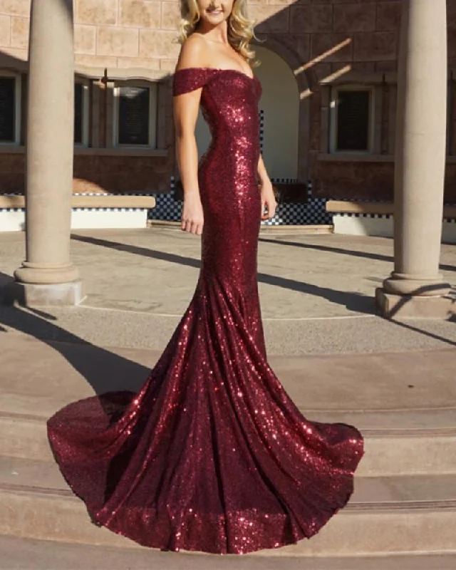 Women's Clothes For Special Occasions Buy More, Save More Bling Bling Sequins Burgundy Red Off the Shoulder Fitted Evening Dresses Long Prom Gown