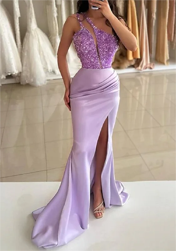 Women's Evening Wear Attire Romantic Date - Night Ensemble Women Sequined One Shoulder Prom Dresses Long Side Slit Evening Gowns Mermaid Formal Party Dress YPD714