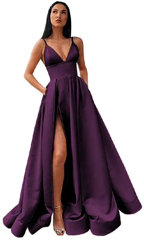 Classic Clothes For Women Cottagecore Rustic Charm Style V-Neck Slit Satin Long Prom Dress Spaghetti Strap Evening Ball Gown with Pockets   cg15264