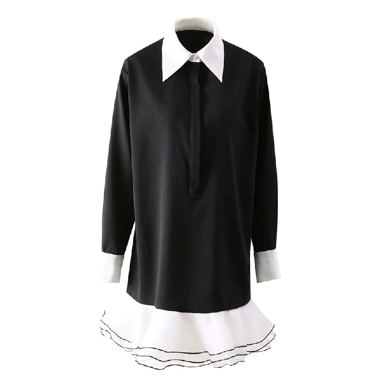 Stylish Clothes For Women Nordic Minimalist Home Look Preppy Color Block Collar Button Up Organza Ruffle Mermaid Crepe Mini Shirt Dress