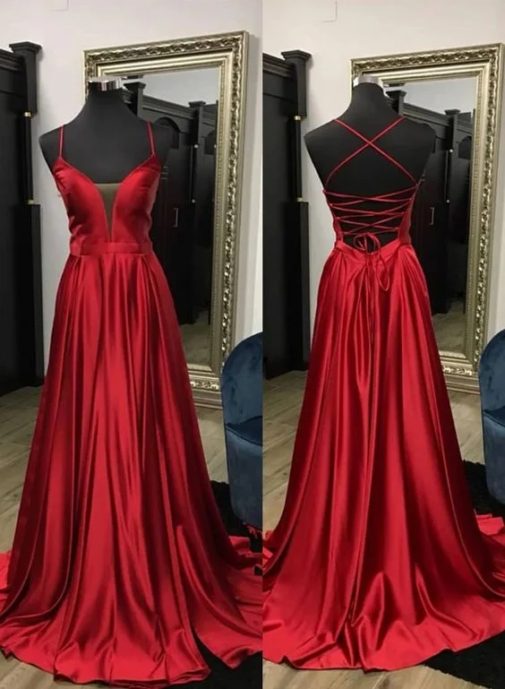 Women's Transitional Clothes Dreamy Draping Simple burgundy satin long prom dress, evening dress cg5245