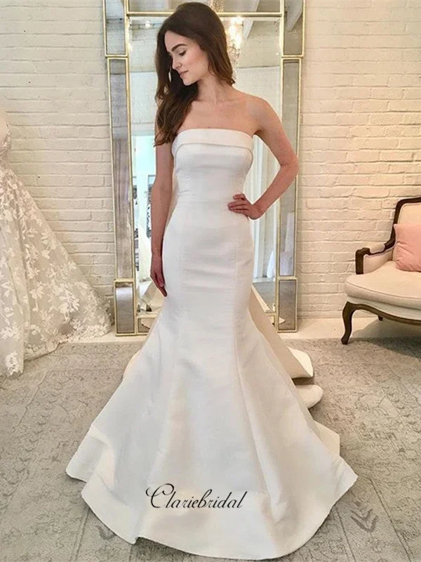 Women's Comfortable Garments Mid - Season Sale Strapless Satin Bow Wedding Dresses, Elegant Mermaid Bridal Wedding Dresses