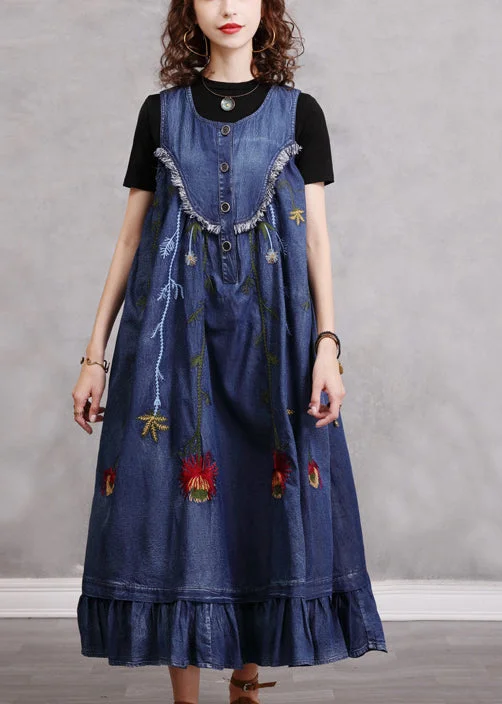 Women's Clothing For Travel Holiday Sale Boho Blue O-Neck Ruffled Embroideried Patchwork Cotton Denim Dress Sleeveless