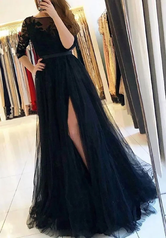 Women's Clothing Apparel Mid - Season Sale Women Tulle Lace Prom Dress Long Side Slit Evening Gowns Black Party Dress YPD797