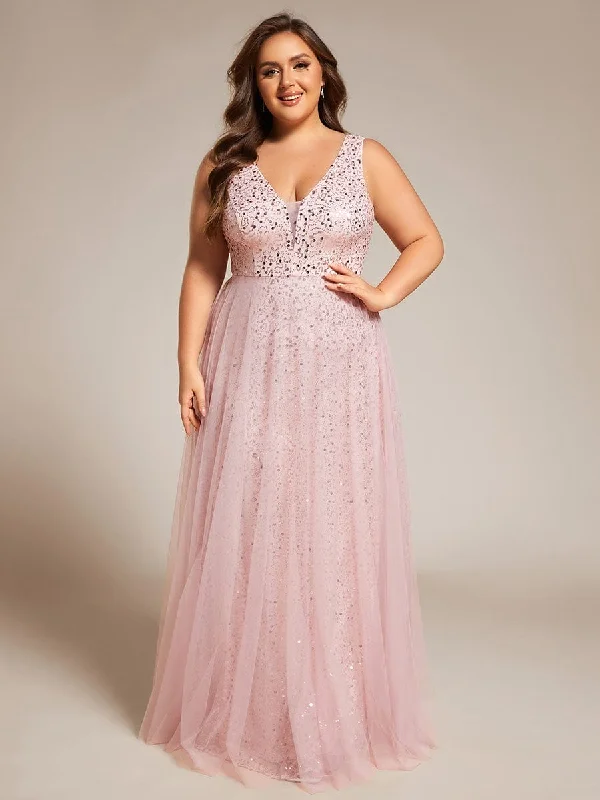 Women's Active Garments For Workouts Limited - Stock Stella | Plus Size Sequin V-Neck Sleeveless Empire Waist Tulle Formal Evening Dress