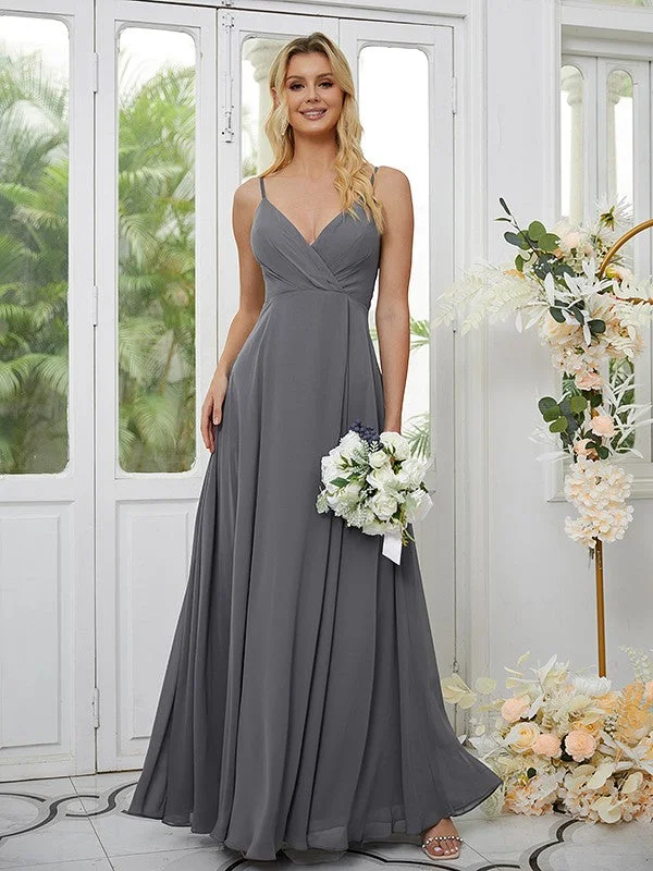 Women's Outfit Elegant Contour A-Line/Princess Chiffon Ruched V-neck Sleeveless Floor-Length Bridesmaid Dresses