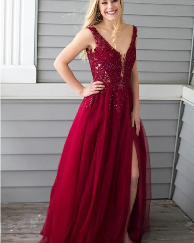 Women's Everyday Clothes Contemporary Elegance Dark Red lace Long Prom Evening Dress V neck Party Dinner Gown with Beading