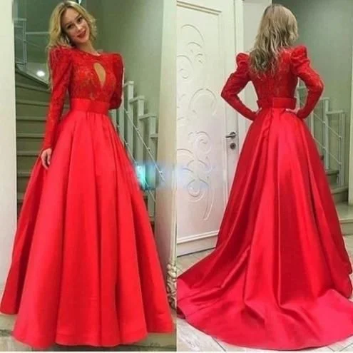 Women's Comfortable Apparel Vintage Retro Party Wear Red Long Sleeves Ball Gown Satin Prom Dresses  cg6147