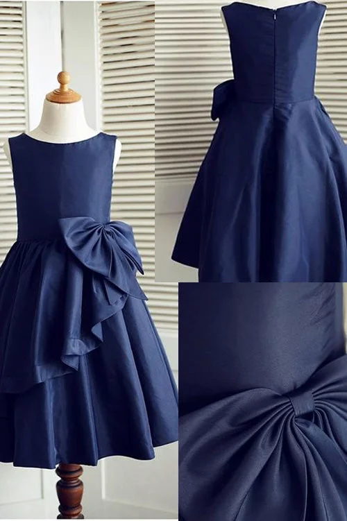 Women's Sporty Chic Clothes Clearance Event Navy Blue A Line Sleeveless Flower Girl Dresses Pageant Dresses with Bowknot Child Dresses F009