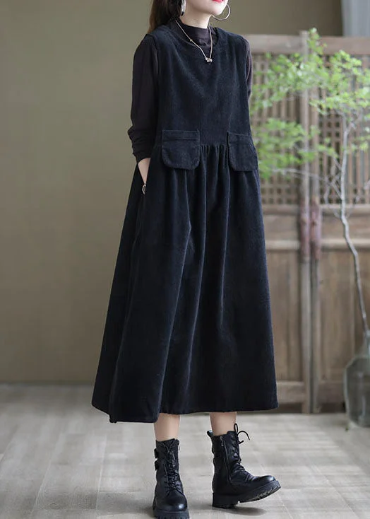 Women's Fashion Clothes Romantic Date - Night Ensemble Plus Size Black Pockets Corduroy Robe Dresses Sleeveless