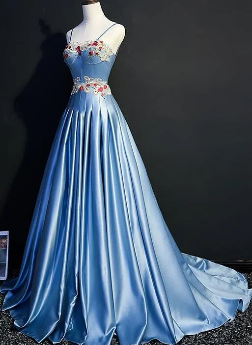 Women's Casual Clothing For Lounging Now on Sale for Chic Urban Styles Blue Sweetheart Satin Long Party Gown With Straps, Blue Prom Dress 2020  cg7805