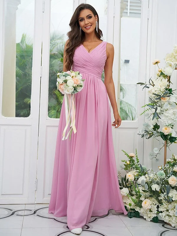 Sustainable Fashion Clothing For Women Art Deco Geometric Pattern Look A-Line/Princess Chiffon Ruffles V-neck Sleeveless Floor-Length Bridesmaid Dresses