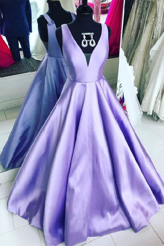 Women's Workout Clothing Mid - Week Surprise V Neck Lavender Long Ball Gown, Satin Prom Dress, Lavender Prom Dress cg4656