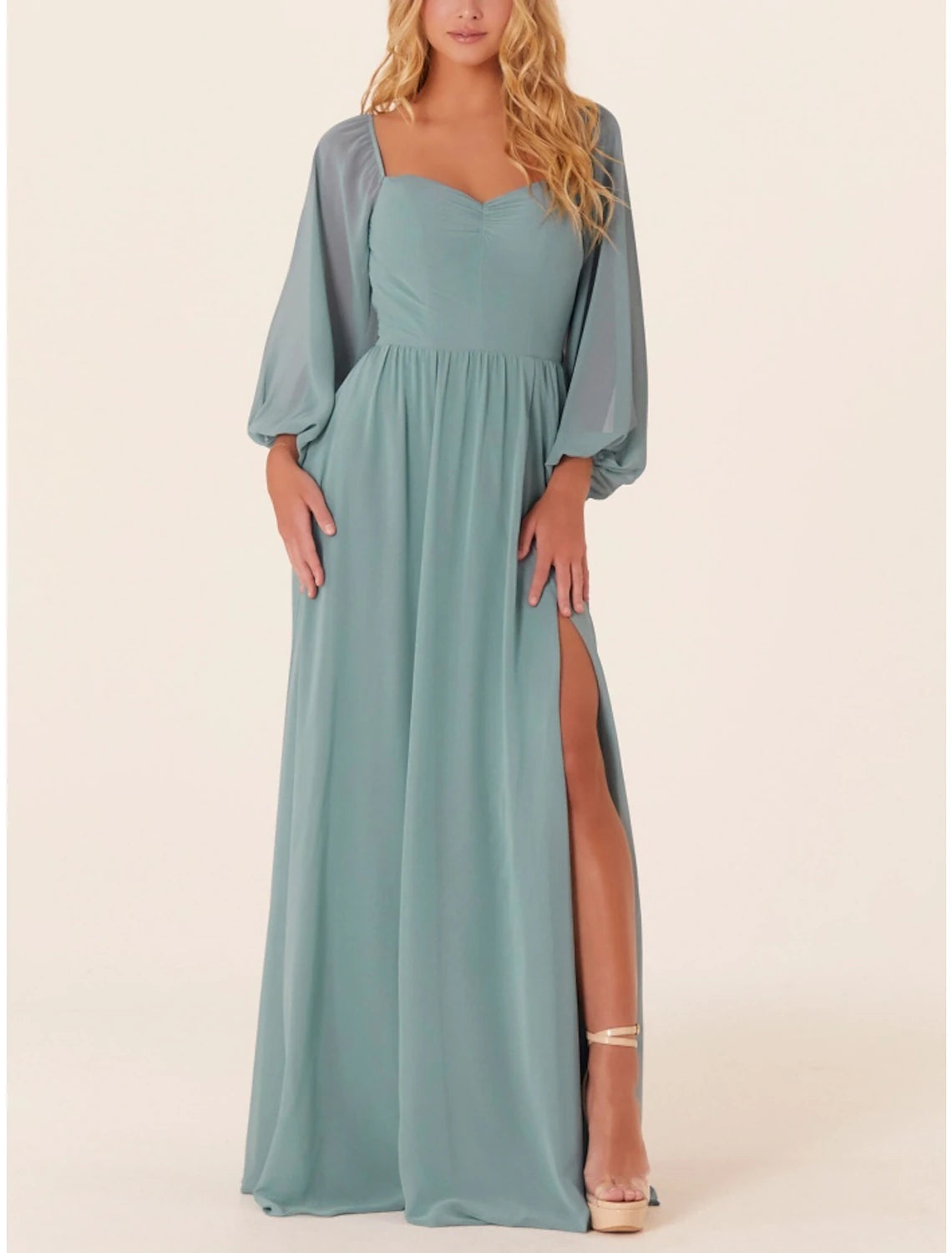 Women's Vacation Garments Parisian Effortless Chic Style A-Line Bridesmaid Dress Square Neck Long Sleeve Elegant Sweep / Brush Train Chiffon with Split Front / Ruching