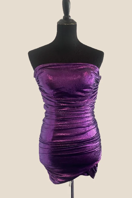 Women's Comfortable Garments Parisian Effortless Chic Style Strapless Purple Ruched Bodycon Short Dress