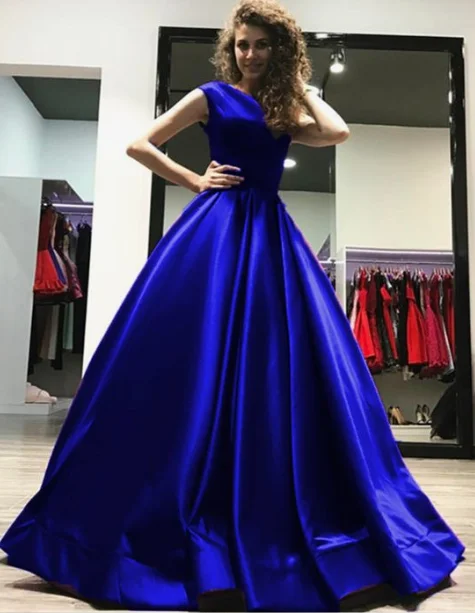 Women's Holiday Clothing Tropical Island - Inspired Attire A-line Open Back Long Satin Floor Length Prom Dresses Royal Blue Evening Gowns cg5047