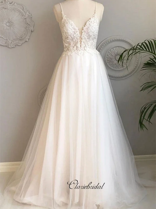 Women's Chic Outfit Flash Sale Spaghetti Straps Tulle Wedding Dresses, Lace Open Back Trendy Wedding Dresses