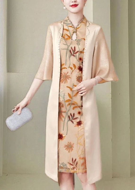 Women's Floral Print Outfit Classic Timeless Elegant Style Women Apricot Stand Collar Zircon Silk Bodycon Dress Butterfly Sleeve