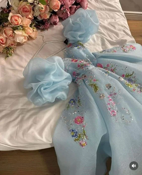 Women's Stylish Outdoor Outfit Holiday Sale Pretty Ball Gown Sweetheart Short Puffy Sleeves Light Sky Blue Prom Dresses Long Evening Dress C2953