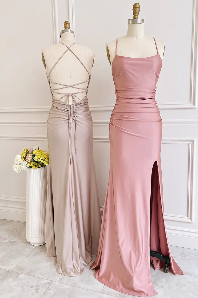 Stylish Clothes For Women Romantic Date - Night Ensemble Bridesmaid Dress Satin Lace-Up Sheath Long  with Slit