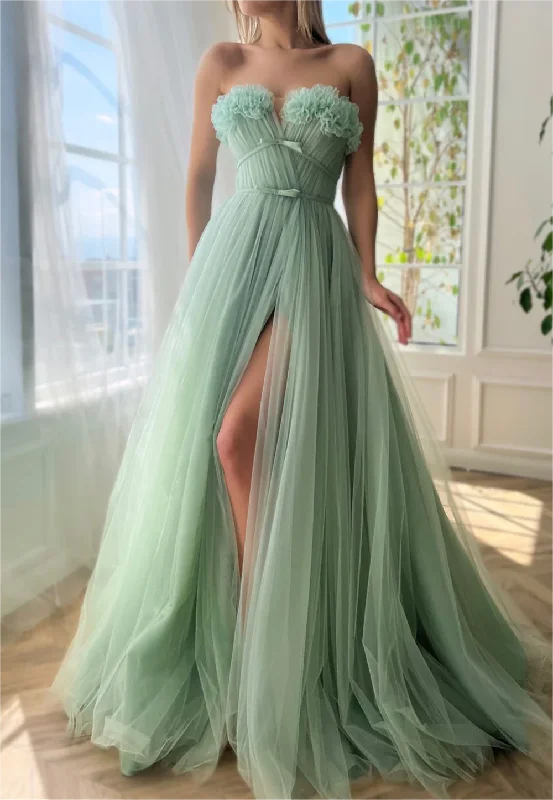 Women's Elegant Outfit Feminine Flow Women Tulle Prom Dress Long Side Slit Evening Gowns Princess Formal Party Dress YPD736