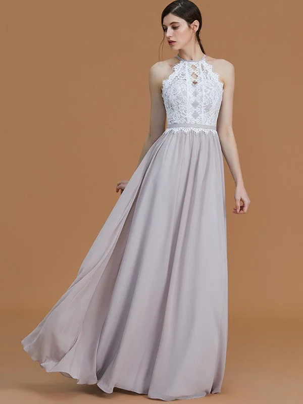 Women's Sporty Clothes Feminine Grace A-Line/Princess Halter Sleeveless Floor-Length Lace Chiffon Bridesmaid Dresses