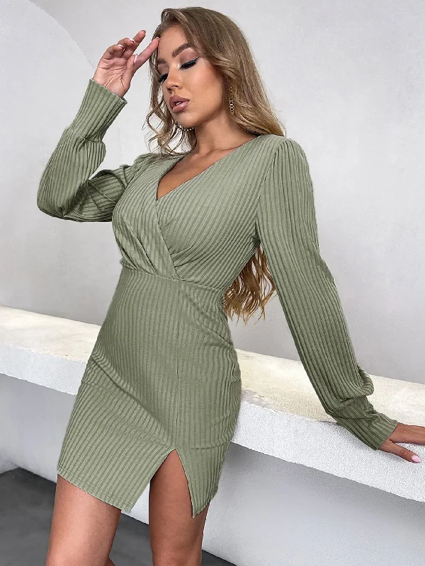 Women's Elegant Outfit Coastal Beach - Inspired Style KittenAlarm - Ribbed Knit Surplice Neck Split Hem Bodycon Dress