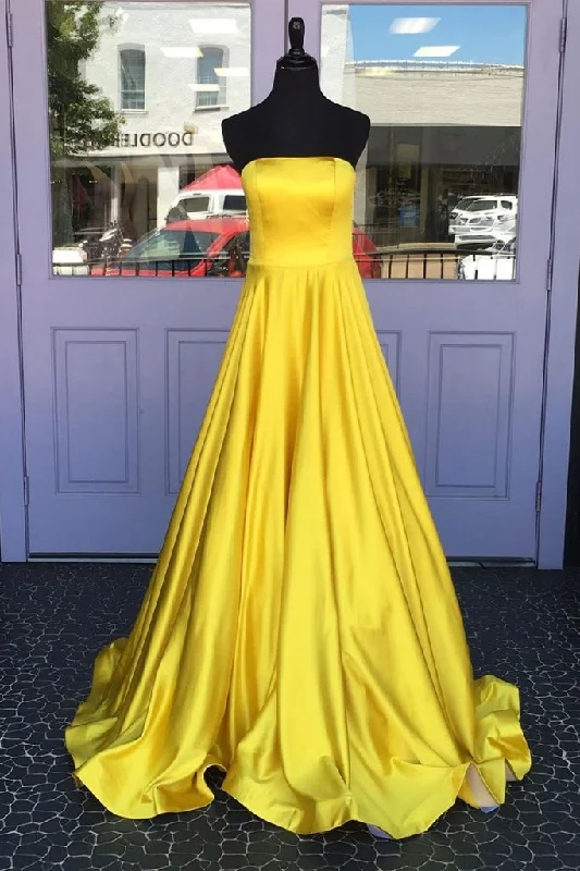 Women's Floral Print Outfit Lightweight Fabric SIMPLE YELLOW SATIN LONG PROM DRESS, YELLOW EVENING DRESS cg2757