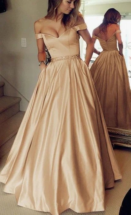 Women's Clothing For Special Occasions Charming Silhouette Champagne Satin Off Shoulder Beaded Sashes Satin Prom Dresses cg4619