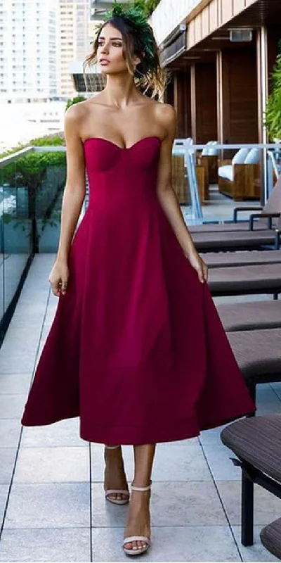 Women's Professional Attire Nordic Minimalist Home Look Cute Tea Length Grape Satin A-Line Sweetheart Prom Party Dress  cg2015