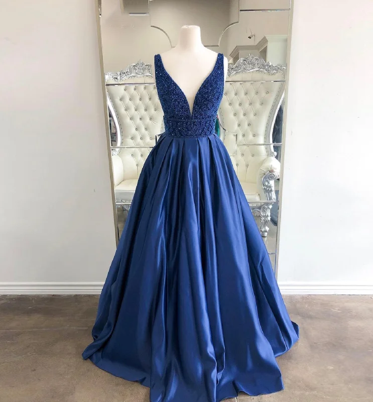 Stylish Women's Apparel Vintage Elegance BLUE SATIN LONG PROM DRESS WITH BEADS EVENING DRESS   cg15887