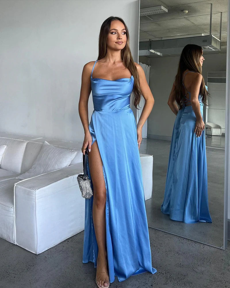 Women's Elegant Clothes End - of - Month Blowout Bridesmaid Dresses A Line Cowl Neck Blue Silk  with Slit