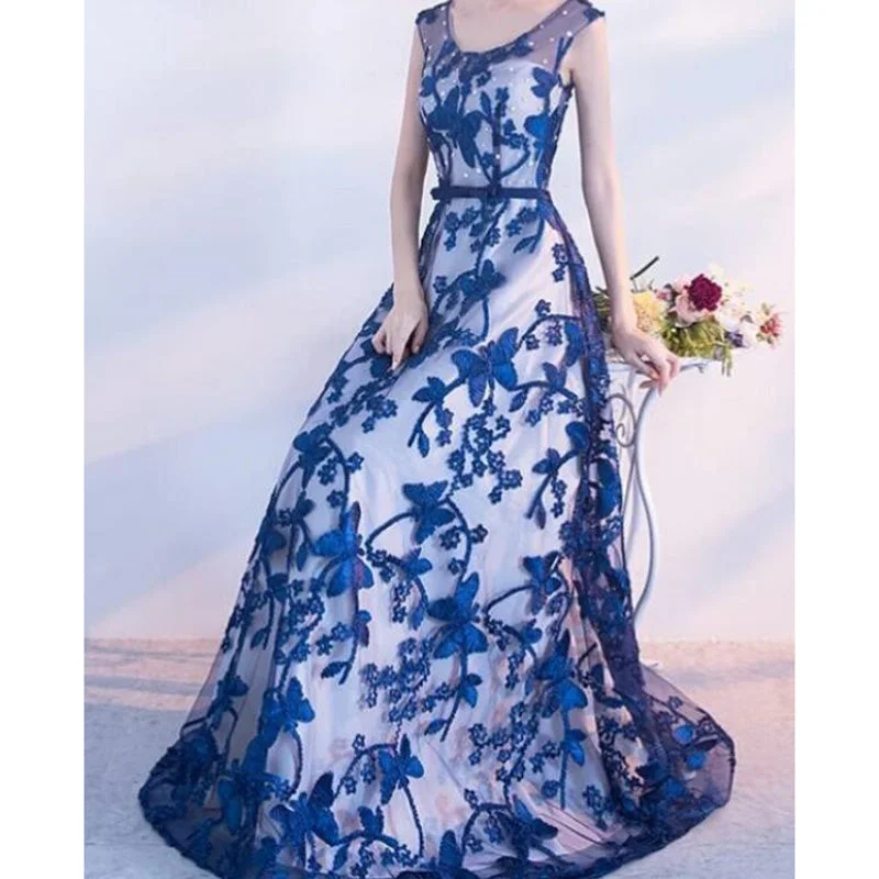 Women's Timeless Attire Chic Urban Fashion Look LP2236 Scoop Neck Long 2018  Embroidery Lace Blue Prom Dress A Line Evening Formal Gown