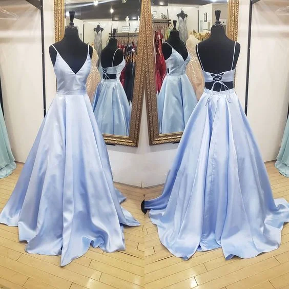 Women's Functional Outdoor Garments Clearance Event A-line Blue Satin Long Prom Dress with Lace Up Back   cg15896