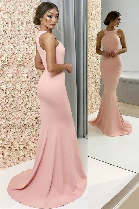 Women's Evening Attire Coastal Beach - Inspired Style Elegant Mermaid Round Neck Elastic Satin Pink Long prom Dresses cg2280